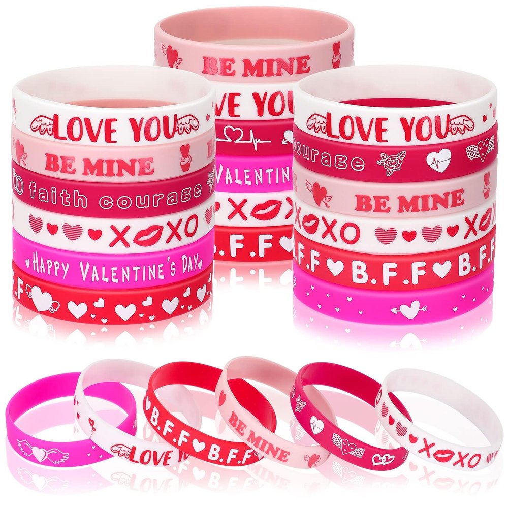 JUNEBRUSHS 42pcs Valentine's Day Party Favors Silicone Bracelets Pink Red Love Heart Rubber Wristbands Accessories for Adults Valentine's Day Party Decorations Gift (6 Designs)
