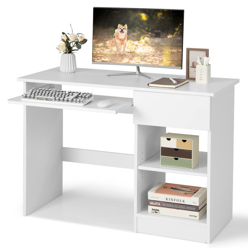 COSTWAY Computer Desk with Keyboard Tray, Large Drawer, Home Office Desk with Adjustable Shelf & Cable Hole, Study Desk, Modern Writing Workstation, PC Laptop Table (White)