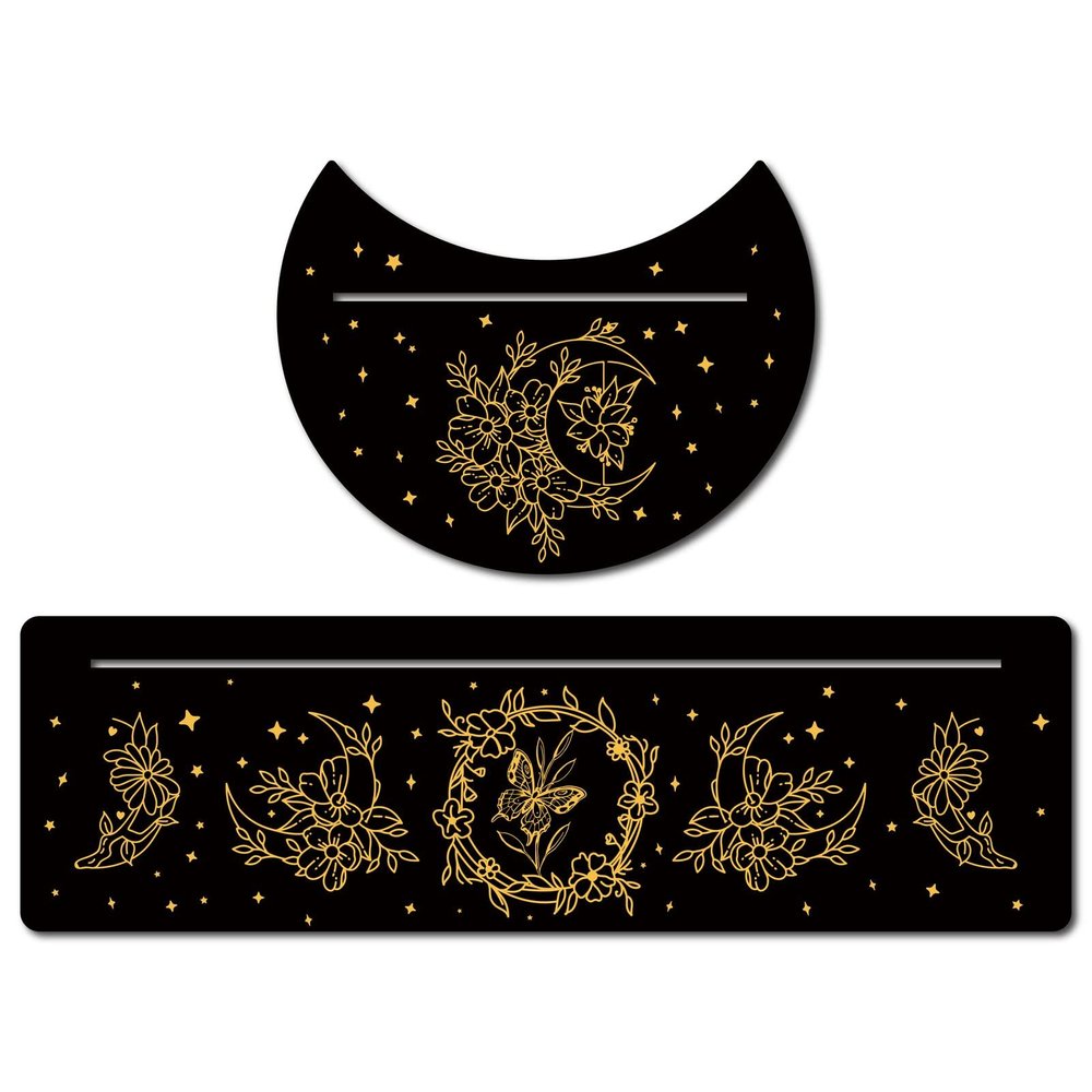 GORGECRAFT 2 Pieces Wooden Tarot Card Stand Black Tarot Card Holder 5" Moon Shape and 10" Rectangle Wood Tarot Cards Altar Stand Display Holder Witch Divination Ceremonial Tools, Moon with Flowers