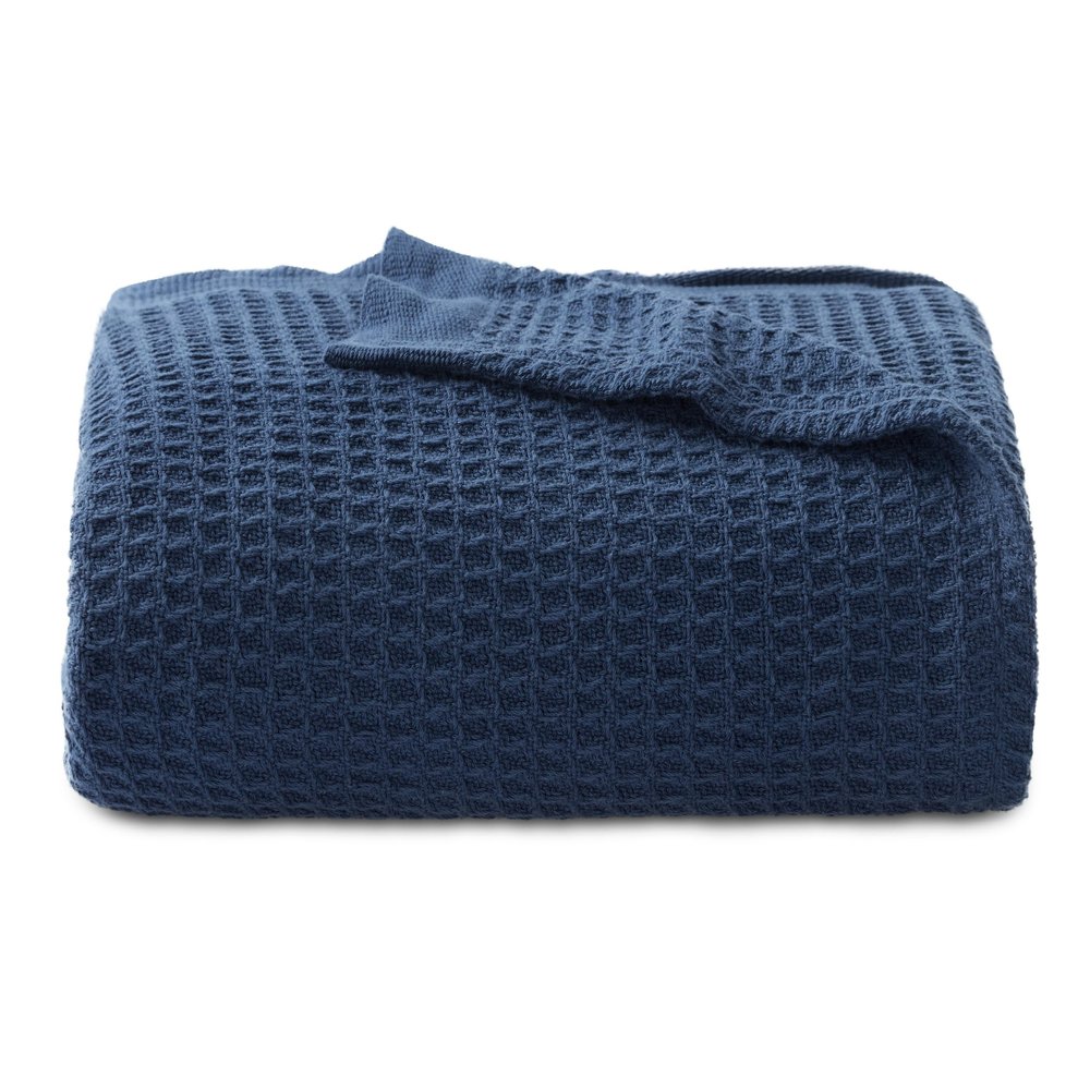 Bedsure Gentlesoft 100% Cotton Throw Blanket for Couch 50x70 inches - Cooling Breathable and Soft for Summer, Waffle Weave Throw Blanket for Office, Navy