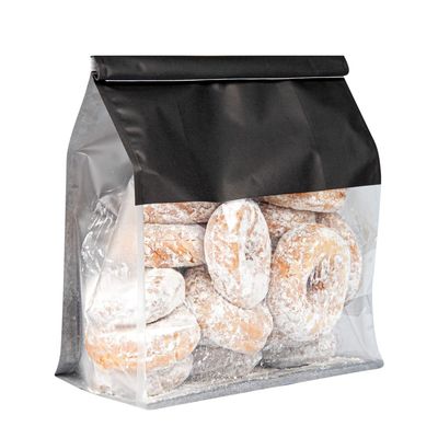 Restaurantware-Bag Tek 8.6 x 4.5 x 10.6 Inch Tin Tie Bags With Windows, 100 Resealable Bakery Bags With Windows - Flat Bottom, For Cookies or Coffee Beans, Black Cotton Paper Tin Tie Bags