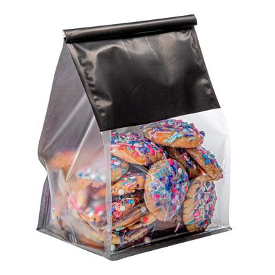 Restaurantware-Bag Tek 6.3 x 5.1 x 10.2 Inch Tin Tie Bags With Windows, 100 Resealable Bakery Bags With Windows - Flat Bottom, For Cookies or Coffee Beans, Black Cotton Paper Tin Tie Bags