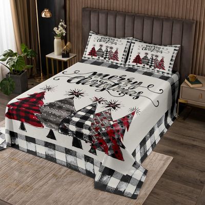 Christmas Trees Kids Bedspread Twin Size,Geometric Grids Ink Tie-dye Coverlet,Girls Boys Adults Bedroom/Xmas Cabin Decor,Rustic Vintage Quilted Coverlet,Black Grey Retro Bedding Quilt,1 Pillowcase