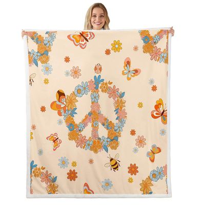 Castle Fairy Retro 70s 60s Hippie Plush Blanket,Groovy Flowers Butterfly Honeybee Bed Blanket Home Decor Gift,Floral Peace Symbol Modern Style Fuzzy Blanket Office Chair, X Size (40 x 50 Inch)