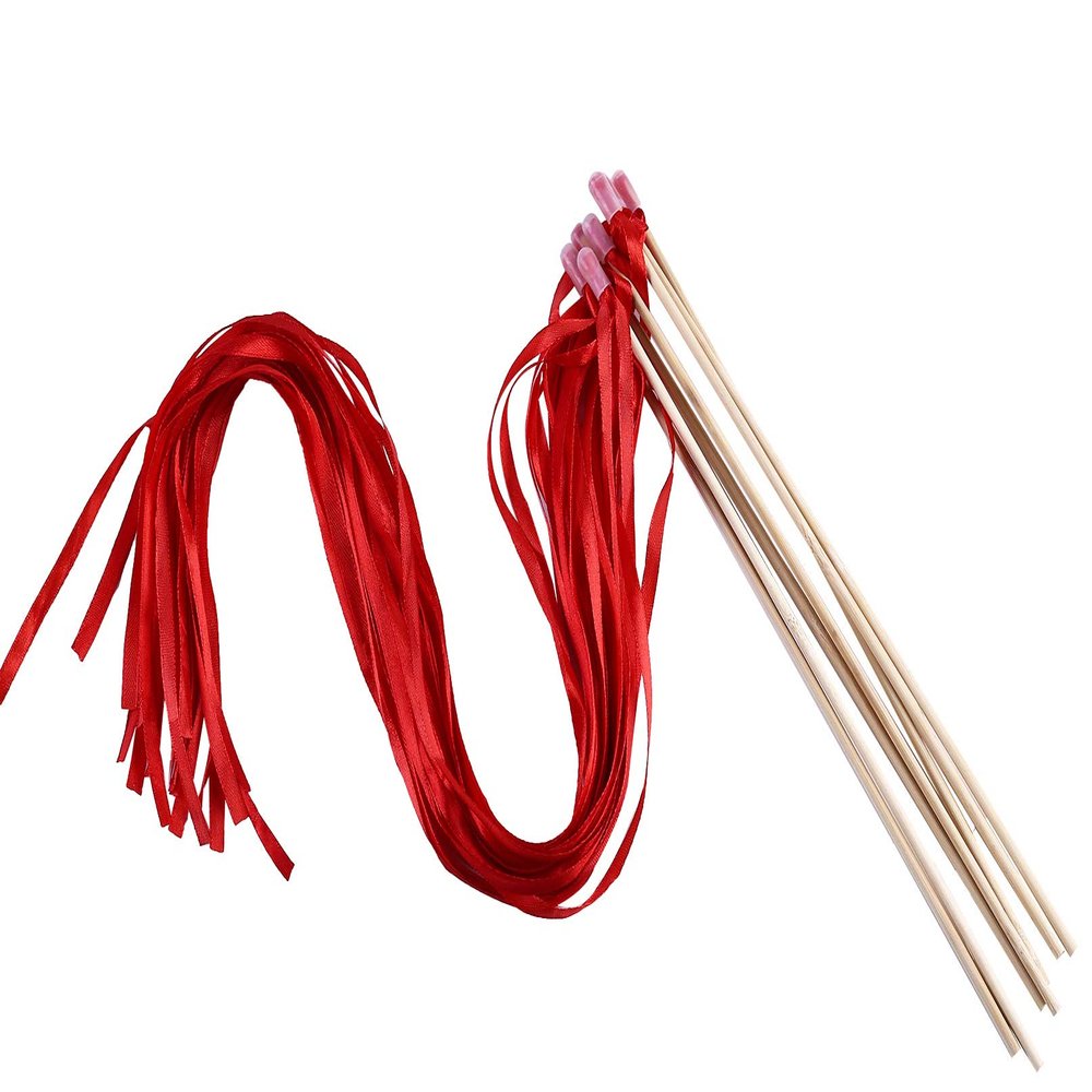 100PCS Ribbon Stick Wands Wedding Streamers with Silk Fairy Stick Wand for Wedding Party Baby Shower Send Off Party Activities Holiday Celebration Favors (Red-100PCS)