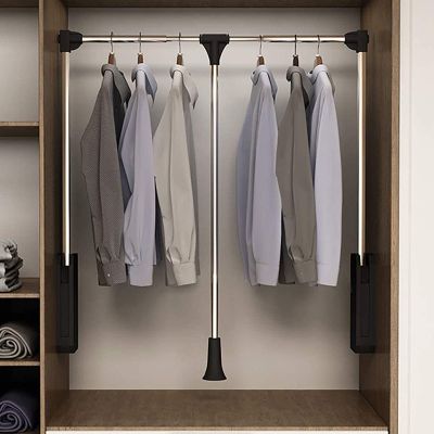 Pull Down Closet Rods, Adjustable Wardrobe Rail Lift Collapsible Closet Rod Aluminium Wardrobe Hanger Clothing Rail Closet Lift Organizer Space Saving Storage Lift for Wardrobe Bedroom