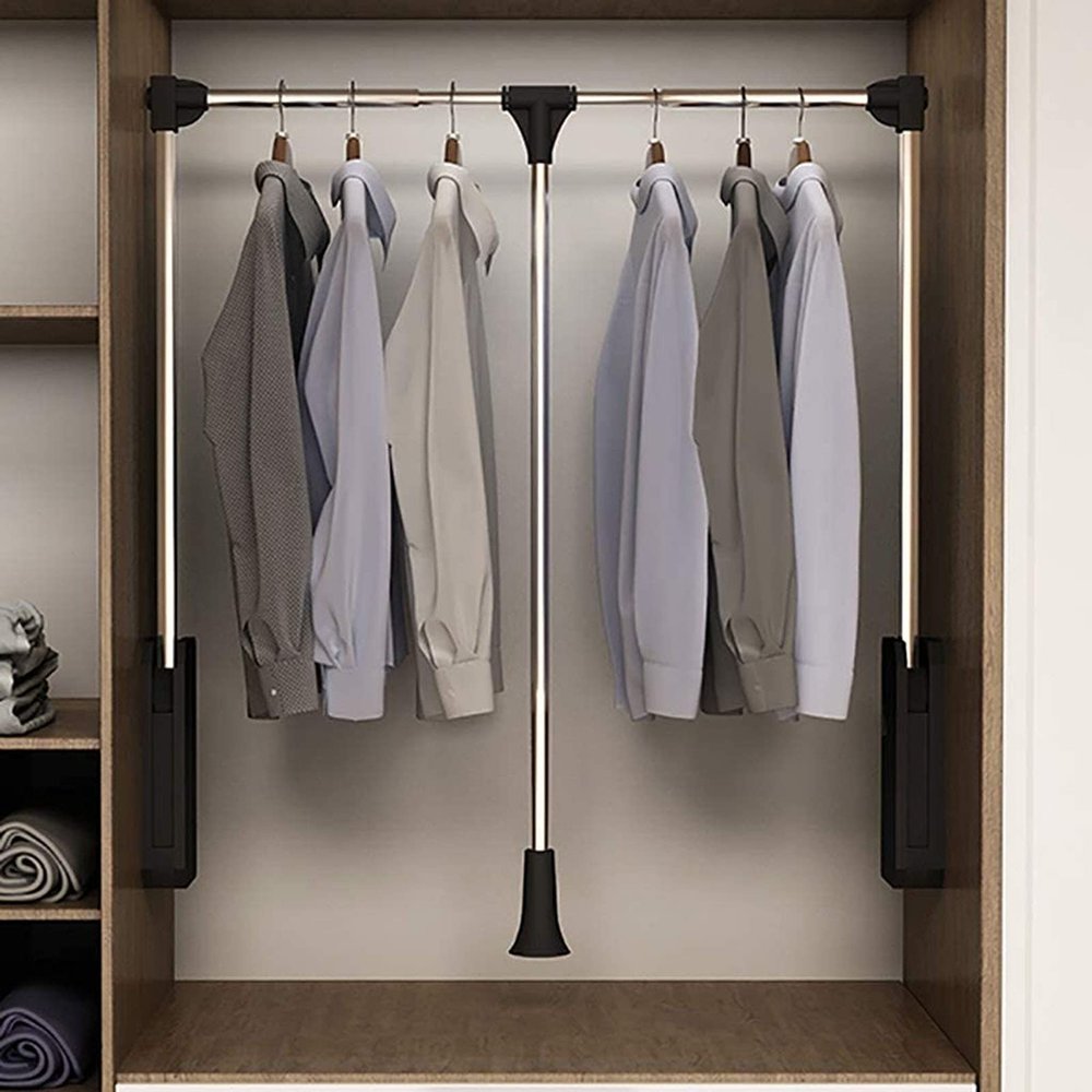 Pull Down Closet Rods, Adjustable Wardrobe Rail Lift Collapsible Closet Rod Aluminium Wardrobe Hanger Clothing Rail Closet Lift Organizer Space Saving Storage Lift for Wardrobe Bedroom