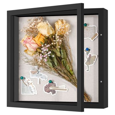 11x11 Shadow Box Frame with Linen Back - Sturdy Rustic Memory Display Case of Flower, Pictures, Medals and More, Black