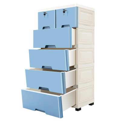 Blue Plastic Storage Cabinet with 6 Drawers and Lock, Wheels, and Large Capacity - Ideal for Small Spaces, Easy to Assemble and Clean - Perfect for Bedroom, Nursery, and Playroom Organization