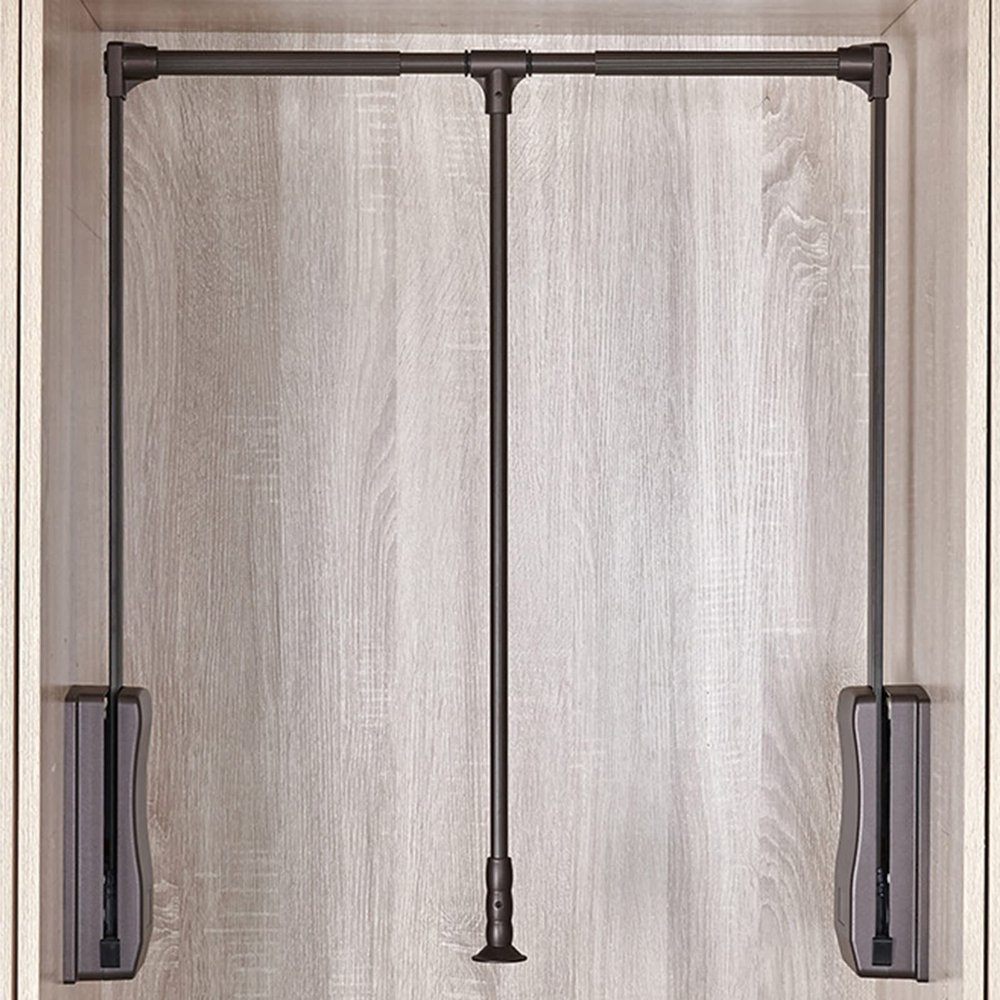 Pull Down Wardrobe Rail Lift Collapsible Closet Rod, Aluminium Retractable Wardrobe Hanger Wall Mounting Industrial Wall Frame, Adjustable Width,Brown,18to24in