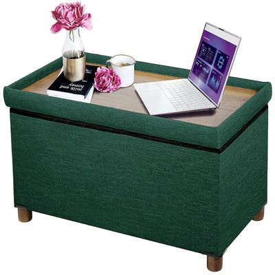 Ao Lei 30 Inches Storage Ottoman Bench, Storage Bench with Wooden Legs for Living Room Ottoman Foot Rest Removeable Lid for Bedroom End of Bed, Linen Fabric Green Color