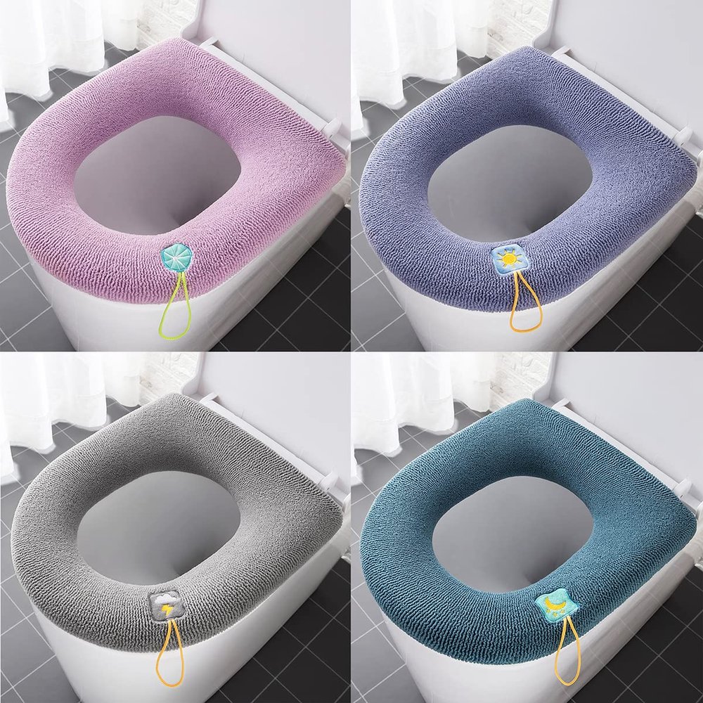 Albideyaa 4 PackThicker Soft Bathroom Warmer Handle Toilet Seat Cover Pad Stretchable Washable and Easy Installation Cushioned Lid Seat Covers Washable Fiber Cloth