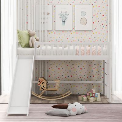 Harper & Bright Designs Low Loft Bed with Slide Kids Loft Bed Twin, Wood Twin Size Loft Bed for Kids, Girls,Boys,No Box Spring Needed, White
