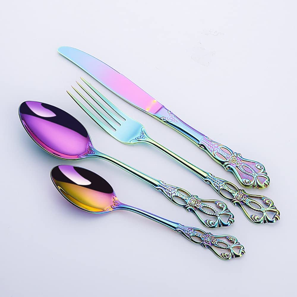 56 Piece Rainbow Silverware Set for 14 Palace Flatware Sets With Hollow Relief Decoration Stainless Steel Kitchen Restaurant Hotel Cutlery Utensils Knifes Forks and Spoons Set