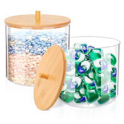 JYPS 1+1 Large-Capacity Laundry Pods Container with Bamboo Lid, Clear Acrylic Powder Detergent Containers for Pods, Scent Boosters & Powder, Laundry Room Organization decor, Storage Jars Set