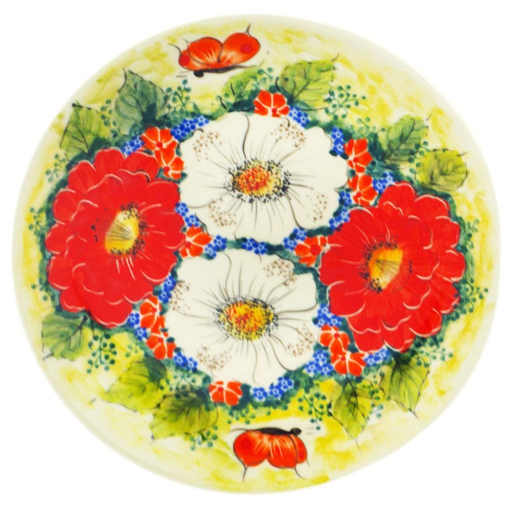 Polmedia Polish Pottery Dessert Plate UNIKAT - Red'n'White Classic Pattern Handmade in Boleslawiec Poland + Certificate of Authenticity