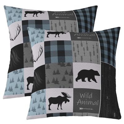 Bear Throw Pillow Covers 16"x16" Set of 2 Elk Pillow Cases Cushion Covers for Living Room Bedroom Wild Animal Grid Plaid Blue Black Nature Wildlife Bear Decorative Throw Pillowcases for Couch Chair
