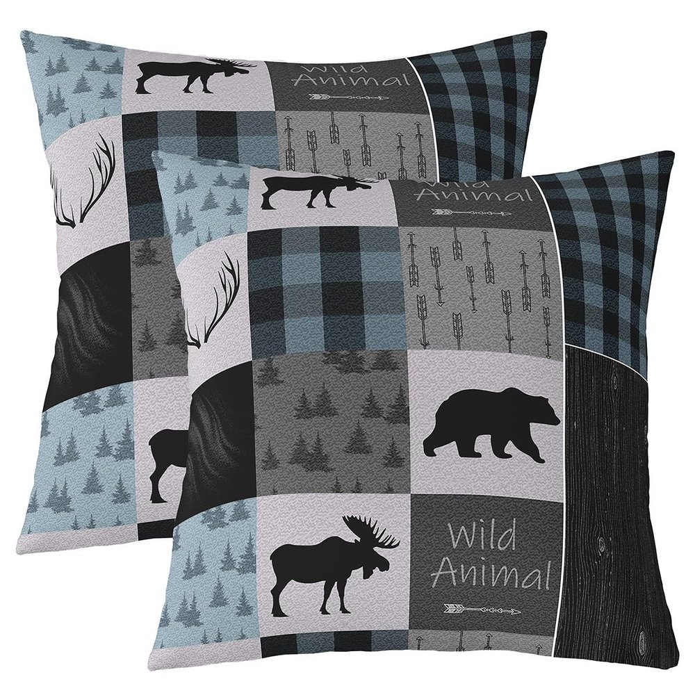 Bear Throw Pillow Covers 16"x16" Set of 2 Elk Pillow Cases Cushion Covers for Living Room Bedroom Wild Animal Grid Plaid Blue Black Nature Wildlife Bear Decorative Throw Pillowcases for Couch Chair