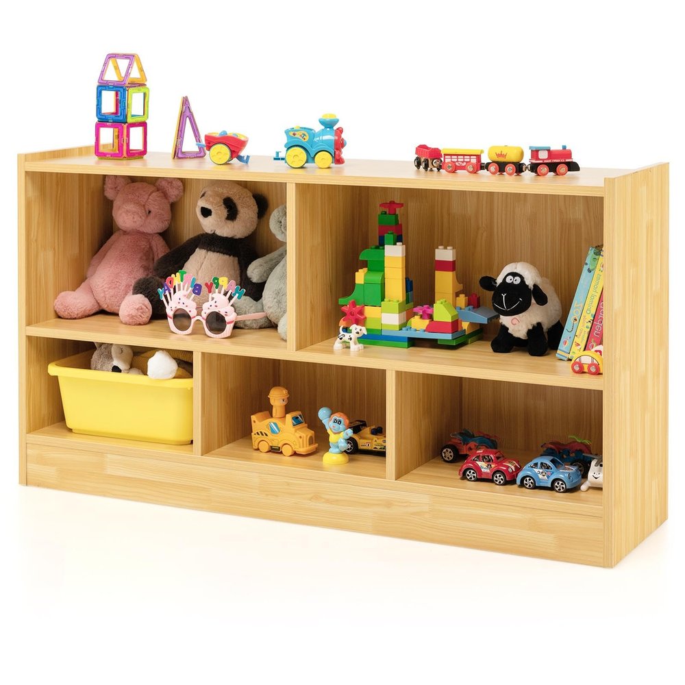 HOMGX Wooden Montessori Shelf for Kids, 5-Section Storage Cabinet, 2-Tier Open Kids Bookshelf, Toy Storage Organizer for Playroom, Classroom, Yellow