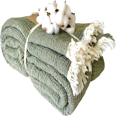 100% Cotton Muslin Blanket Throw 4 Layers Bedspread Soft Turkish Cotton Muslin Bed Cover Reversible Coverlet Olive Drab with Size Options (230x260cm 91x102 Inches)
