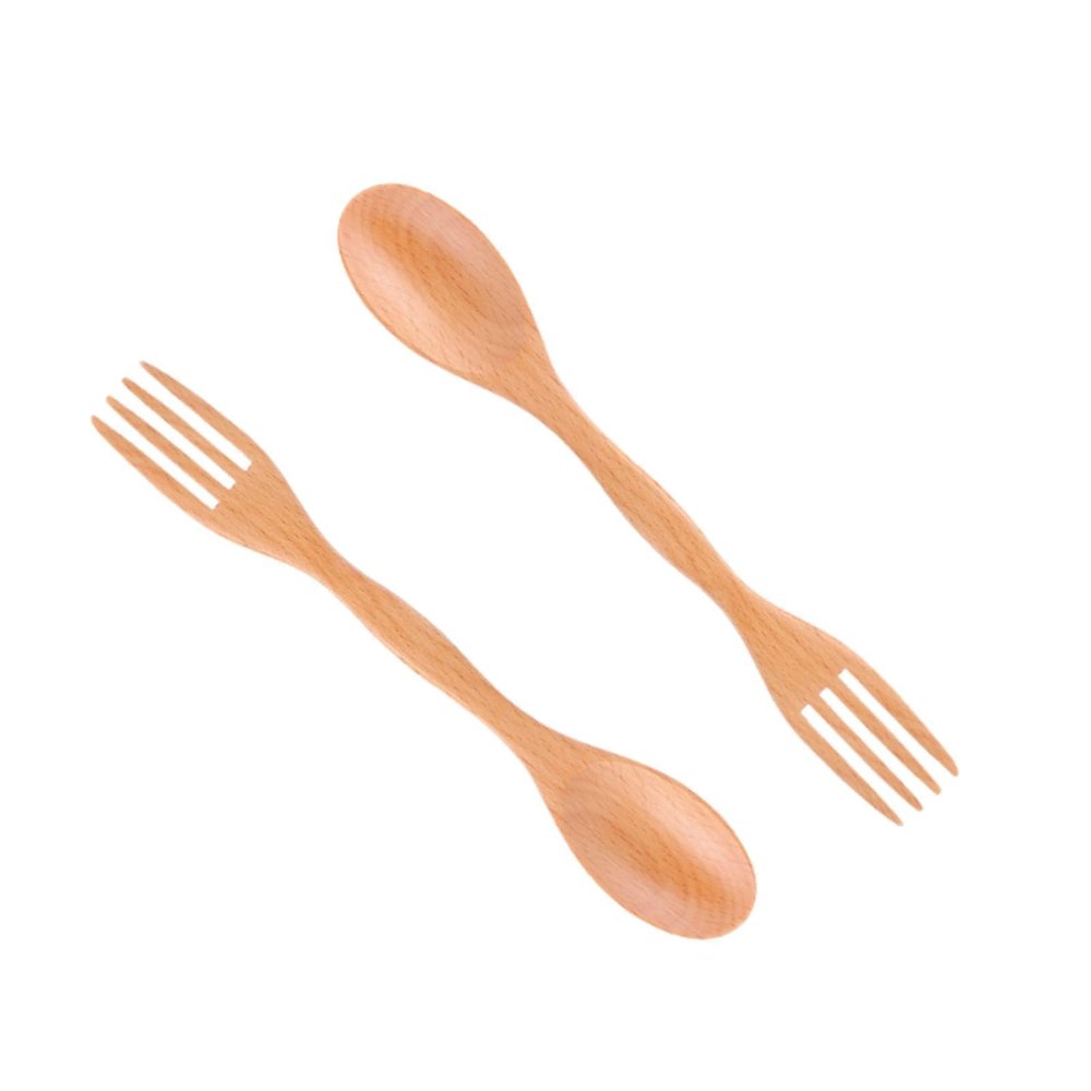 2Pcs Wooden Spoons Forks Set, Dual Purpose Tableware Reusable Wood Cutlery Wooden Spoon And Fork for Camping Travel Utensil Cutlery Set