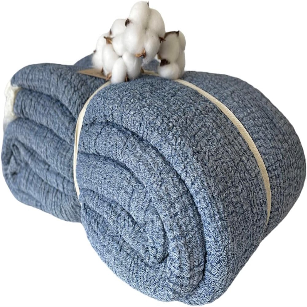 100% Cotton Muslin Blanket Throw 4 Layers Bedspread Soft Turkish Cotton Muslin Bed Cover Reversible Coverlet Denim Blue with Size Options (230x260cm 91x102 Inches)