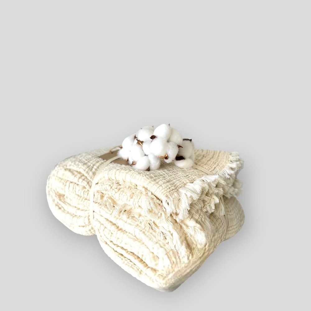100% Cotton Muslin Blanket Throw 4 Layers Bedspread Soft Turkish Cotton Muslin Bed Cover Reversible Coverlet Natural Cream, Ivory (230x260cm 91x102 Inches)