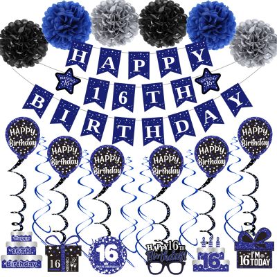 16th Birthday Decorations for Boys Girls, Blue Happy 16th Birthday Banner Party Decorations, Sixteen Birthday Supplies Decor Double-Sided Card Pompoms Hanging Swirl for 16 Years Teenagers Gifts 45pcs