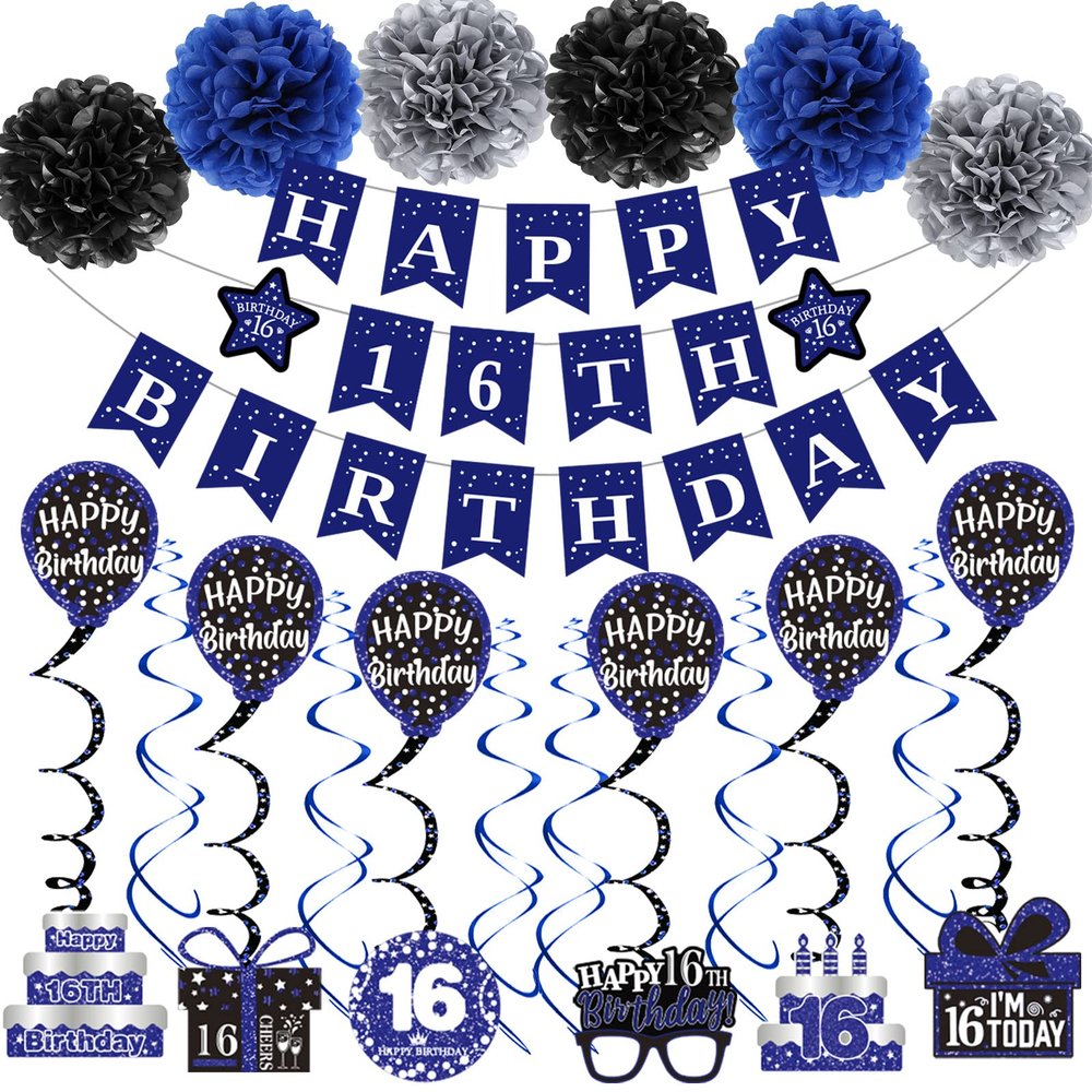 16th Birthday Decorations for Boys Girls, Blue Happy 16th Birthday Banner Party Decorations, Sixteen Birthday Supplies Decor Double-Sided Card Pompoms Hanging Swirl for 16 Years Teenagers Gifts 45pcs