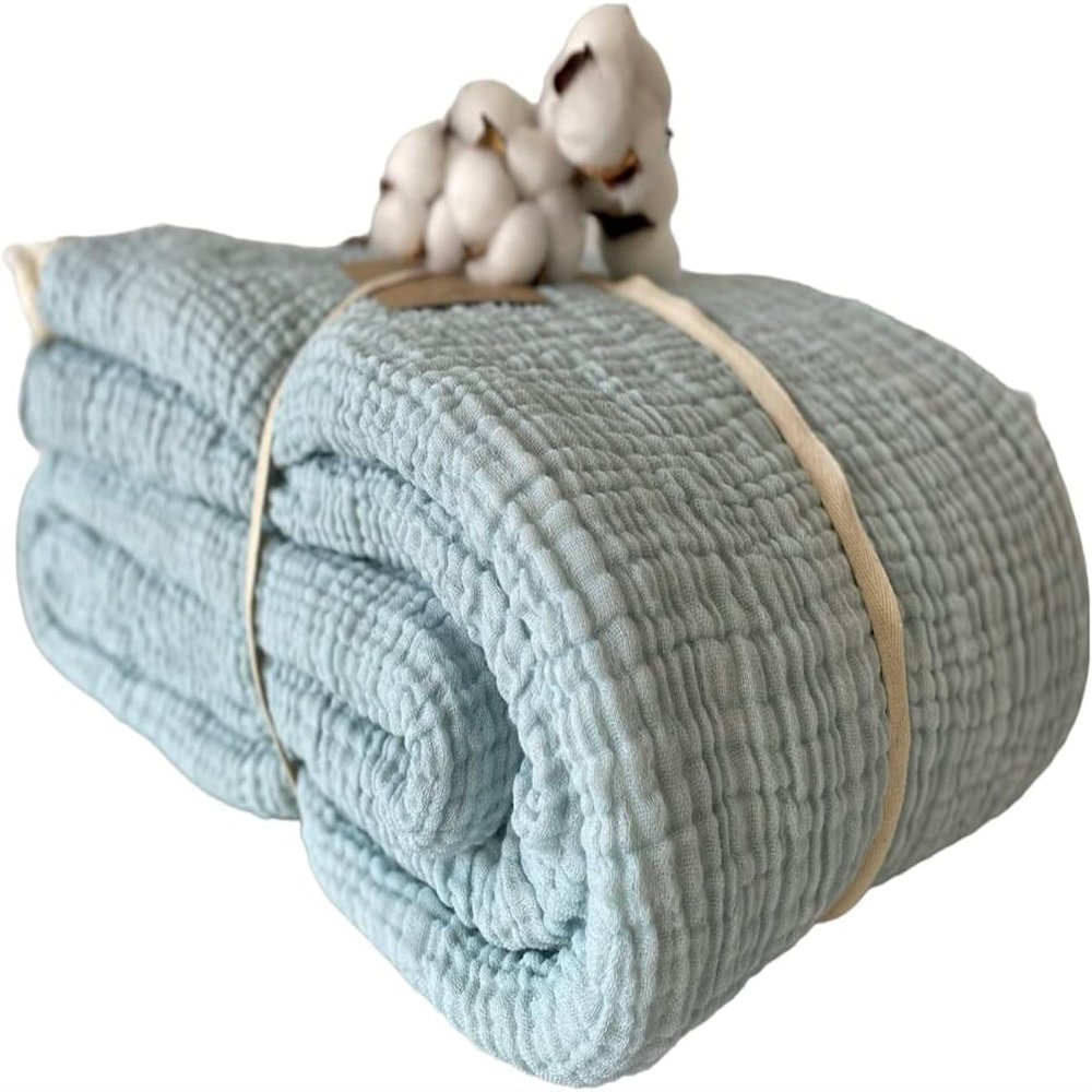 100% Cotton Muslin Blanket Throw 4 Layers Bedspread Soft Turkish Cotton Muslin Bed Cover Reversible Coverlet Baby Blue with Size Options (160x230cm 63x90 Inches)