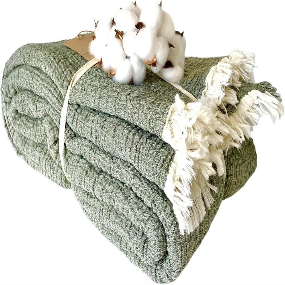 100% Cotton Muslin Blanket Throw 4 Layers Bedspread Soft Turkish Cotton Muslin Bed Cover Reversible Coverlet Olive Drab with Size Options (160x230cm 63x90 Inches)
