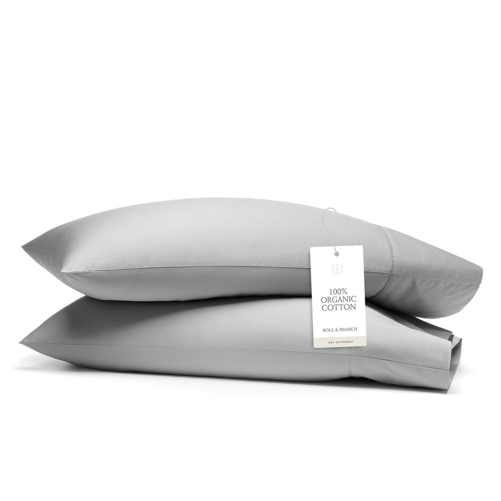 Boll & Branch Percale Hemmed Pillowcase Set - Cooling and Breathable for Hot Sleepers - King, Shore - Luxury 100% Organic Cotton - Crisp and Smooth - 2 Pillowcases Included