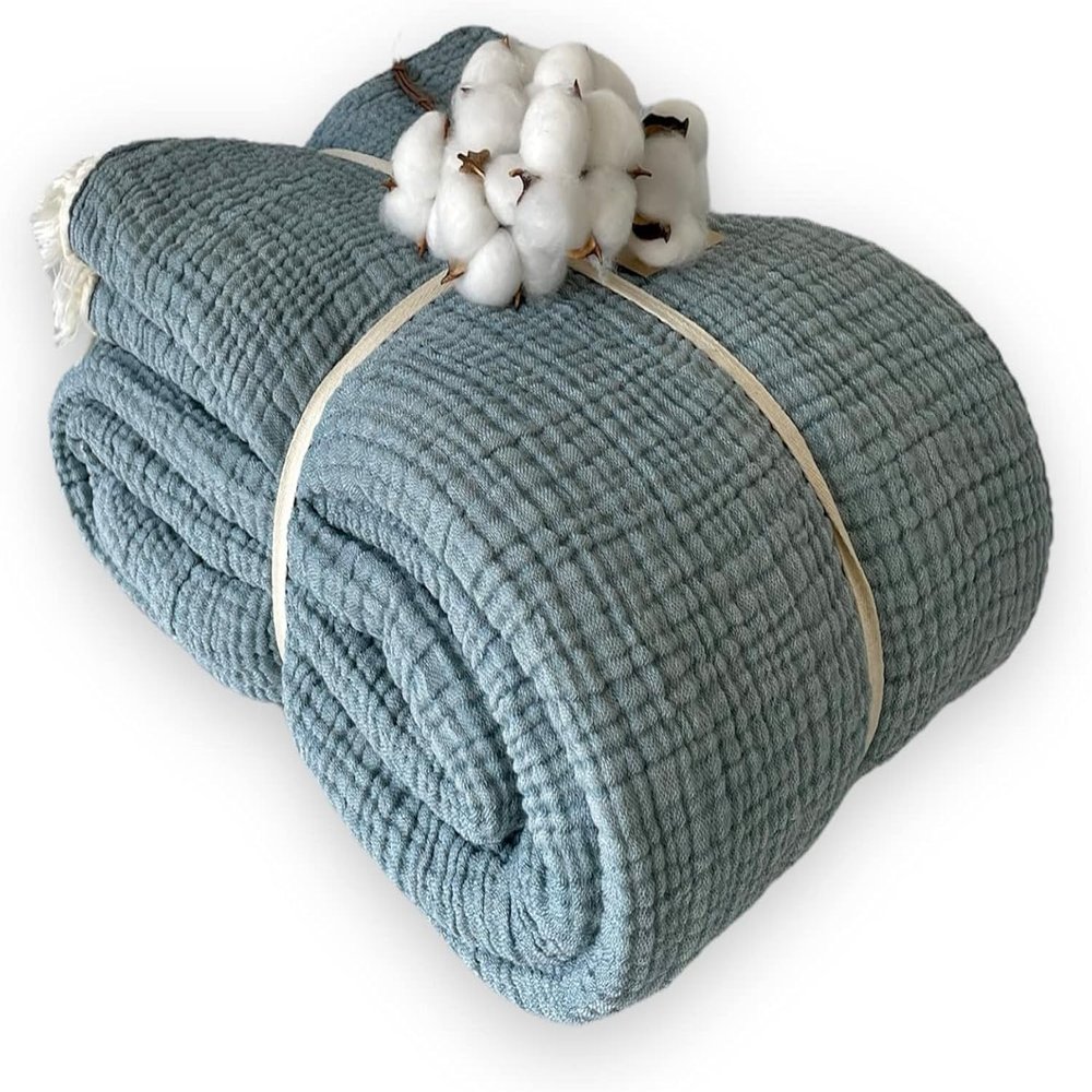 100% Muslin Cotton Pillow Shams, 4 Layers Soft Turkish Cotton Pillowcases, Pillowcase ONLY No Blanket or Bedspread Included, Blue with Size Options (Two Pillowcase 20x27 Inches)