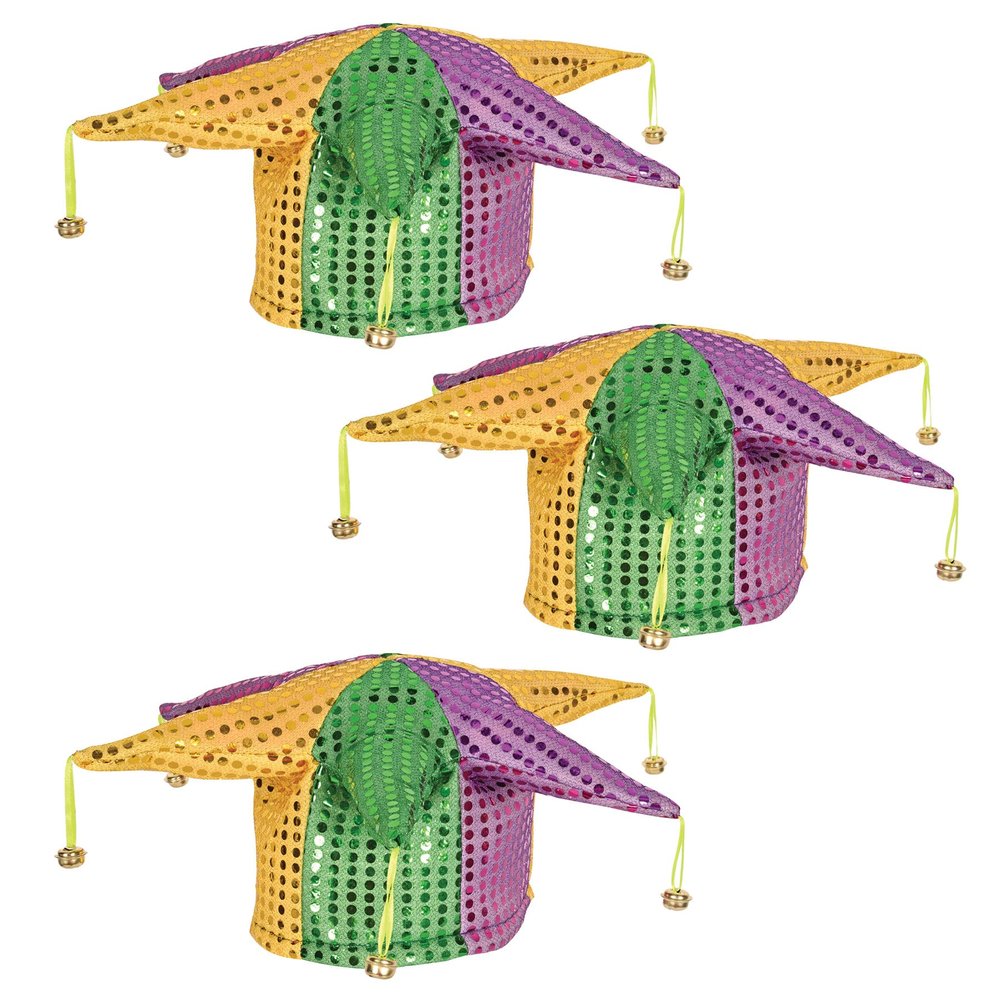 Beistle Glitz 'N Gleam Jester Hats, 3 Pack, Sequined Mardi Gras Costume Headwear with Bells in Green Gold and Purple for New Orleans Parties and Festive Celebrations