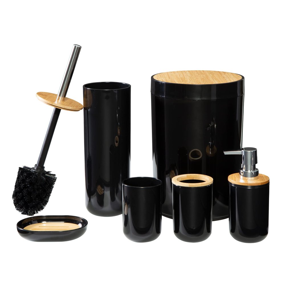 6-Piece Bathroom Accessories Set - Complete Set with Toilet Brush, Waste Bin, Soap Pump, Soap Dish, Toothbrush Holder and Cup by Home-Complete (Black)