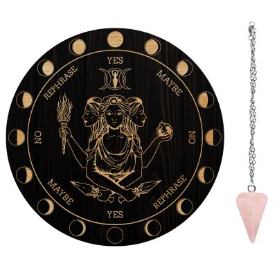 AHANDMAKER 7.8" Witch Pendulum Board, Wooden Dowsing Planchette with Rose Quartz Crystal Dowsing Pendulums Witchcraft Divination Tools for Spirit Altar Decoration - Triple Goddess