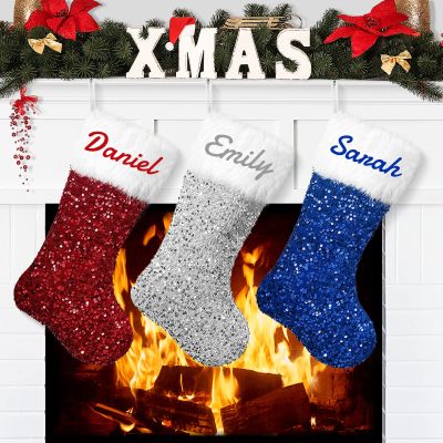 Amidaky Christmas Stockings Personalized Red Blue Silvery Sequin Christmas Stocking 6 Pack Large Customized White Faux Fur for Xmas Family Stocking Ornament