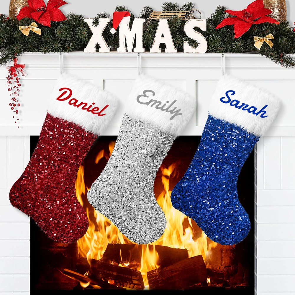 Amidaky Christmas Stockings Personalized Red Blue Silvery Sequin Christmas Stocking 6 Pack Large Customized White Faux Fur for Xmas Family Stocking Ornament