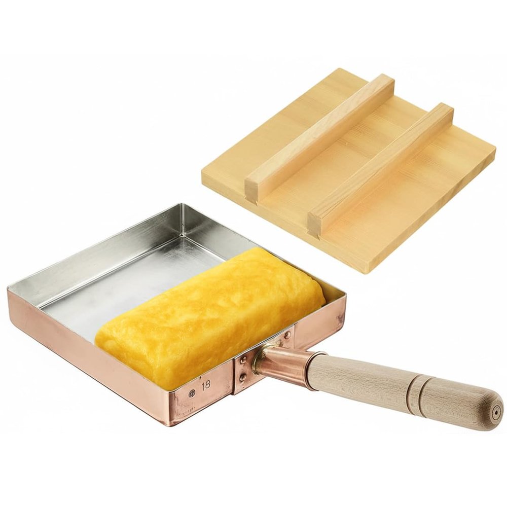 TIKUSAN Japanese Tamagoyaki Omelets Copper Pan with Wooden Lid 9.4 inch (2424 cm) Square Type Egg Pan