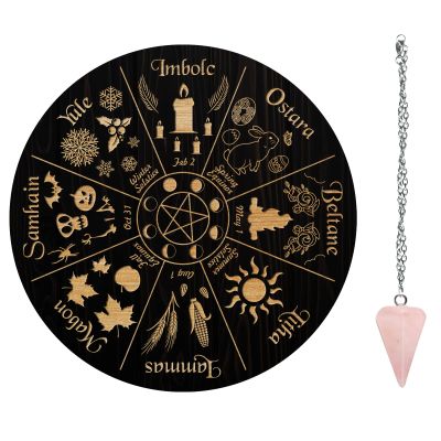 AHANDMAKER 7.8" Witch Star Pendulum Board, Wooden Dowsing Planchette with Rose Quartz Crystal Dowsing Pendulums Witchcraft Divination Tools for Spirit Altar Decoration - Wheel of The Year
