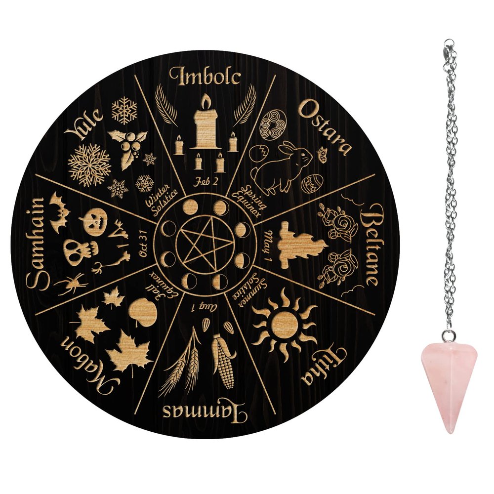 AHANDMAKER 7.8" Witch Star Pendulum Board, Wooden Dowsing Planchette with Rose Quartz Crystal Dowsing Pendulums Witchcraft Divination Tools for Spirit Altar Decoration - Wheel of The Year