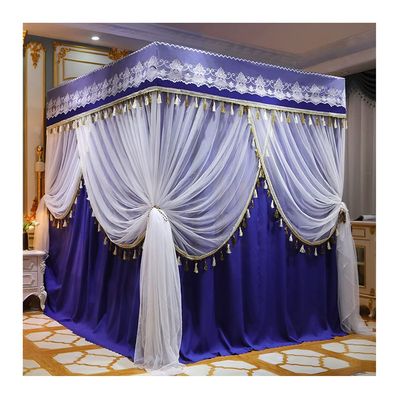 4 Corner Pillar European Bed Canopy, Windproof Dustproof Bed Cover Mosquito Net with Lace Embroidered Fringe with Stand (Color : Purple-2, Size : 150X200cm/59X79inch)