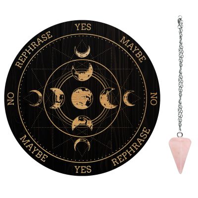 AHANDMAKER 7.8" Witch Pendulum Board, Wooden Dowsing Planchette with Rose Quartz Crystal Dowsing Pendulums Witchcraft Divination Tools for Spirit Altar Decoration - Moon Phase Track