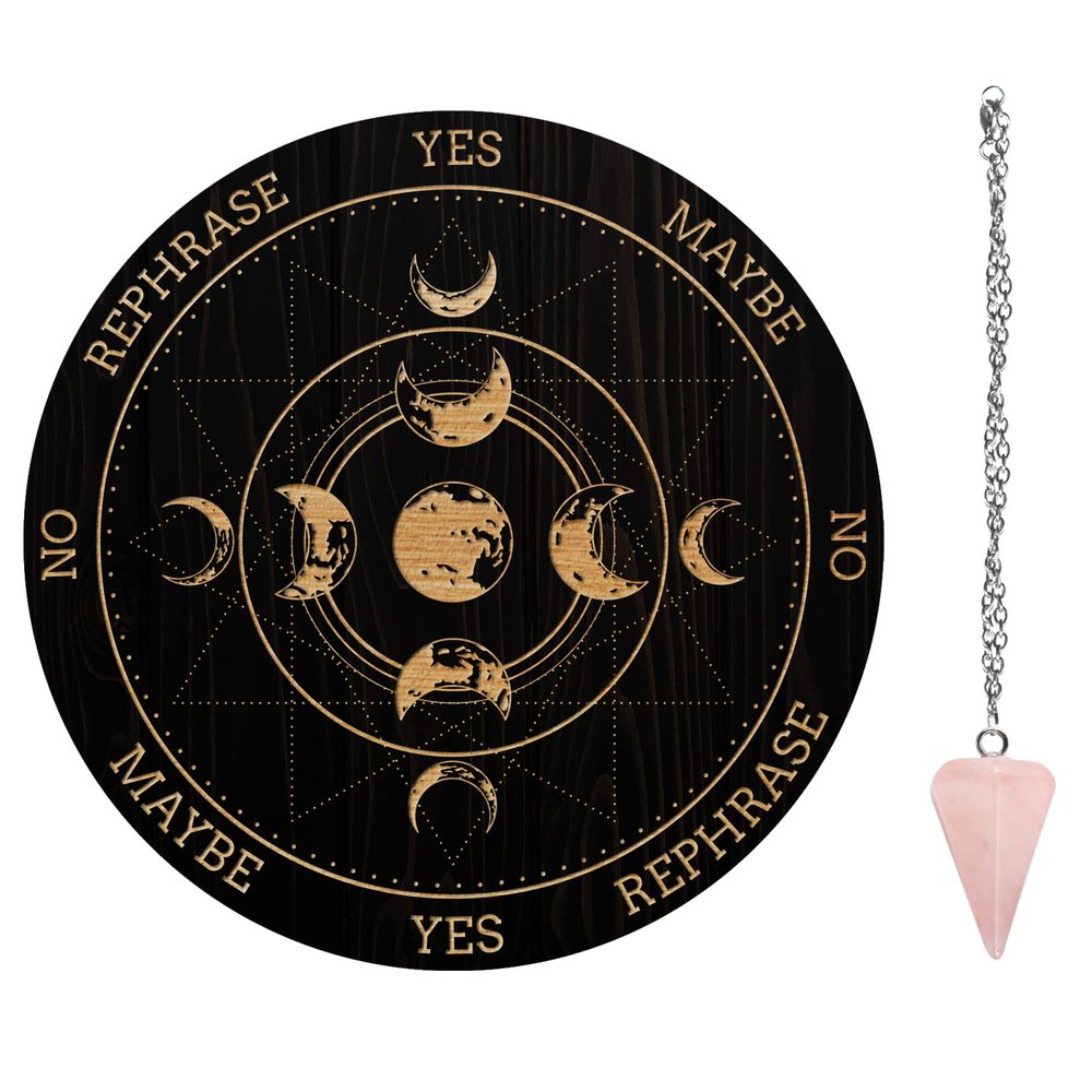 AHANDMAKER 7.8" Witch Pendulum Board, Wooden Dowsing Planchette with Rose Quartz Crystal Dowsing Pendulums Witchcraft Divination Tools for Spirit Altar Decoration - Moon Phase Track
