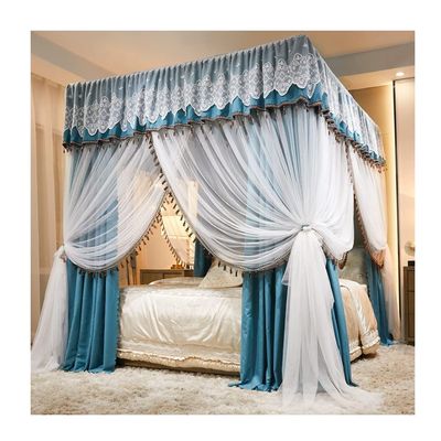 4 Corner Post Bed Canopy, Spring Summer Autumn Winter Dustproof Blackout Bunk Bed Curtain Mosquito Net, Bring Support (Color : Blue, Size : 200X220cm/79X87inch)