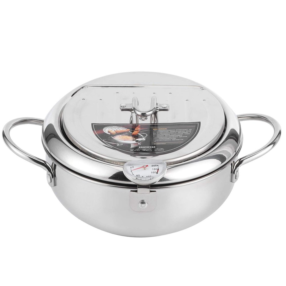 GOWENIC Stainless Steel Deep Fryer Pot Japanese Frying Pot with Thermometer Lid for Kitchen Fries,Fish and Shrimp(Large 24cm)