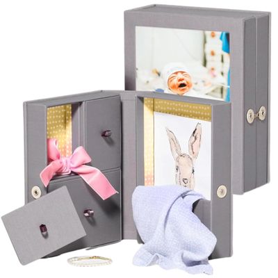 Savor Small Baby Story Box Fabric Photo Frame with Keepsake Box for Newborn Picture, First Tooth, Hospital Bracelet, Sonogram, New Baby Announcement Gift