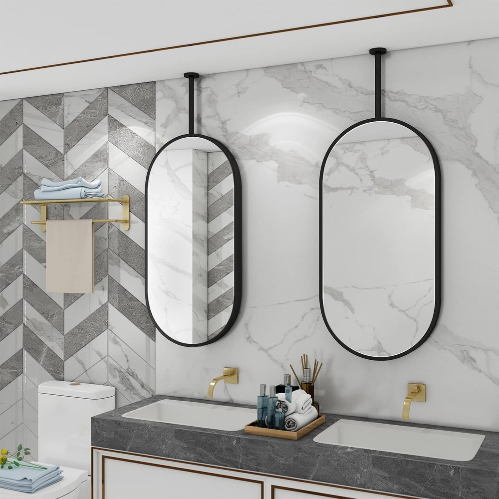 Antourlamm Ceiling Hanging Black Metal Frame Mirror, Classic Oval Design with Boom | Bedroom Living Room Floating Decorative Mirror Bathroom HD Shaving Mirrors (Size : 50cmx70cm)