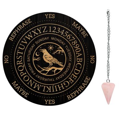 AHANDMAKER 7.8" Witch Pendulum Board, Wooden Dowsing Planchette with Rose Quartz Crystal Dowsing Pendulums Witchcraft Divination Tools for Spirit Altar Decoration - Night Crow