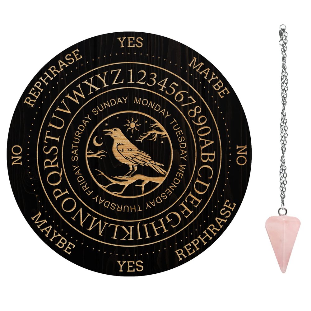 AHANDMAKER 7.8" Witch Pendulum Board, Wooden Dowsing Planchette with Rose Quartz Crystal Dowsing Pendulums Witchcraft Divination Tools for Spirit Altar Decoration - Night Crow